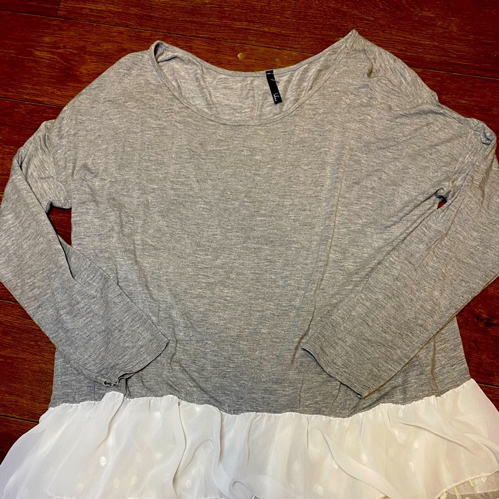 Gray with white ruffle shirt